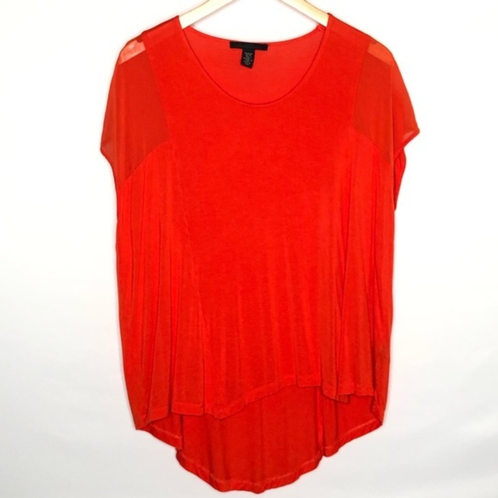 Kenneth Cole Orange Oversized Cap Sleeve Tee Medium High Low Flowy Sheer Details